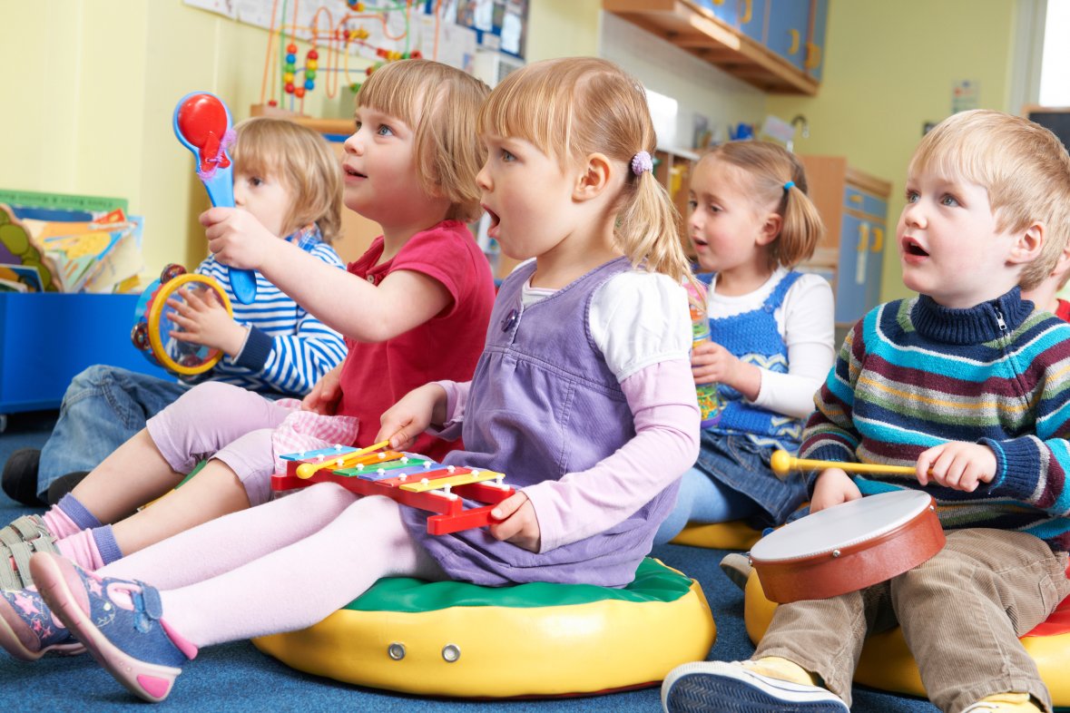 Gruppe von Schulkindern nimmt an einer Musikstunde teil